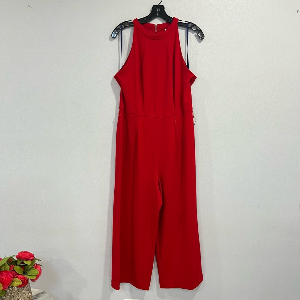 Tommy Hilfiger Bold Red Halter Neck Sleeveless Midi Wide Leg Jumpsuit - Reemoly